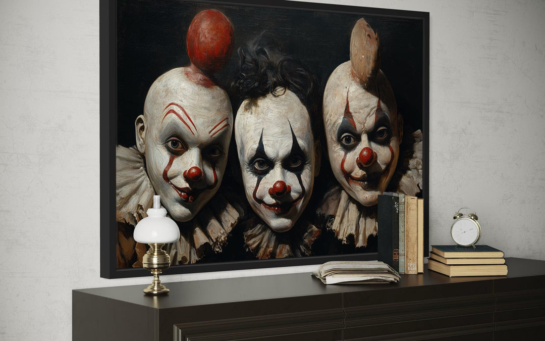 Three Creepy Clown Mask With Vintage Circus Style Halloween Wall Art