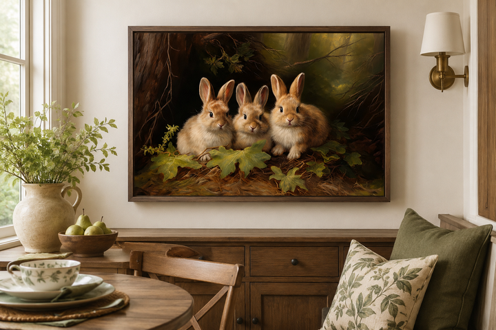 Framed canvas wall art of three brown bunnies in a forest, hanging above a wooden sideboard.