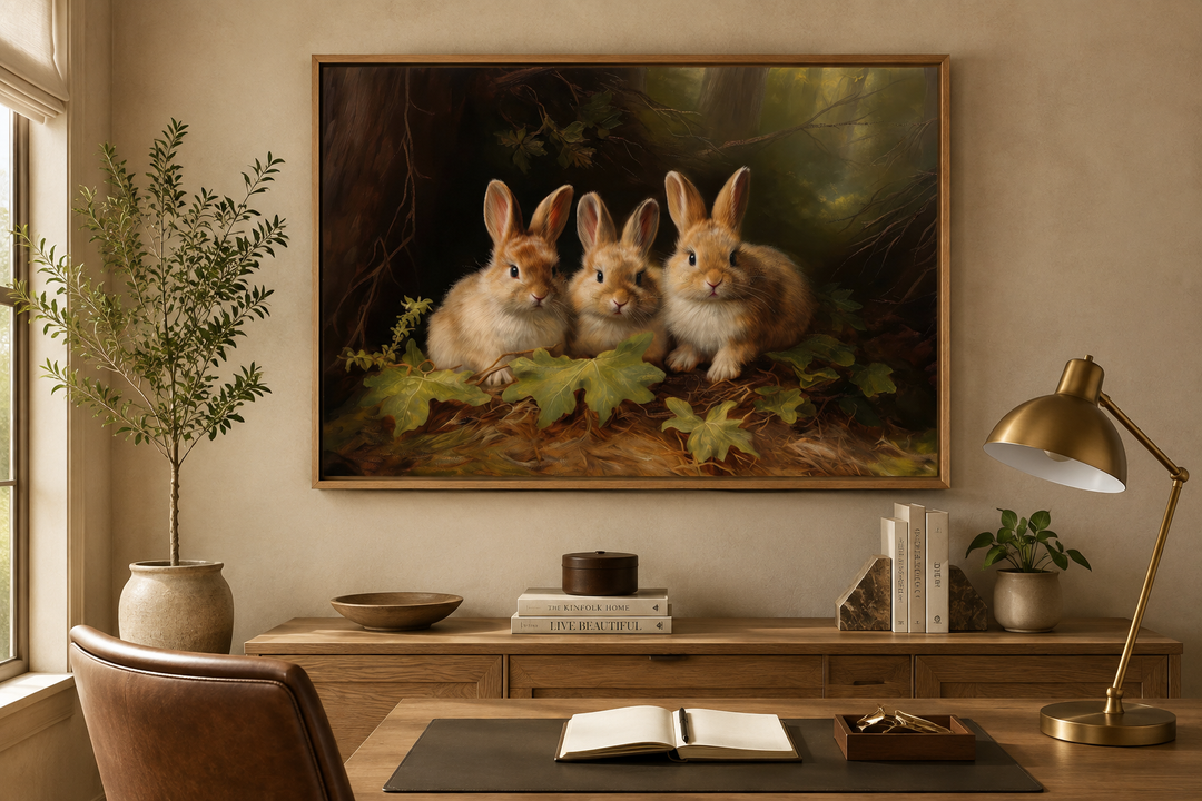 Three cute bunnies in a forest framed canvas wall art hanging above a wooden desk in a home office.