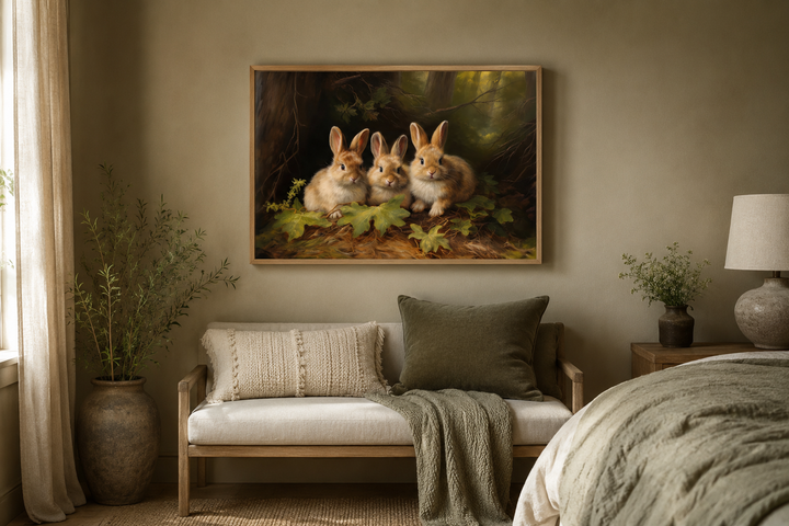 Framed canvas wall art of three cute bunnies in a forest, hanging above a bench in a cozy room.
