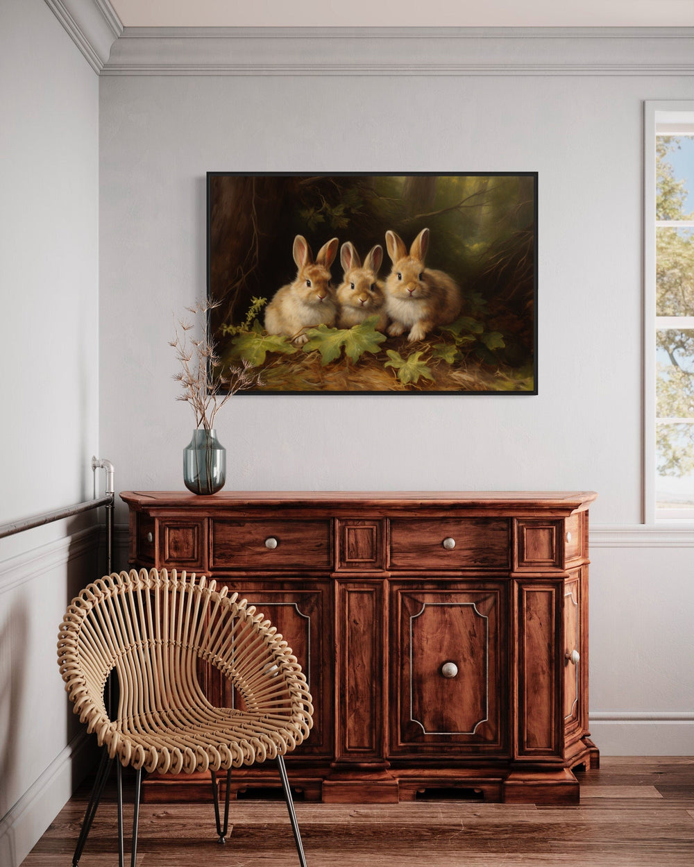 Three Cute Bunnies in The Forest Framed Canvas Wall Art