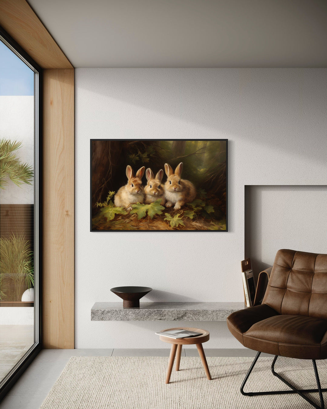 Three Cute Bunnies in The Forest Framed Canvas Wall Art