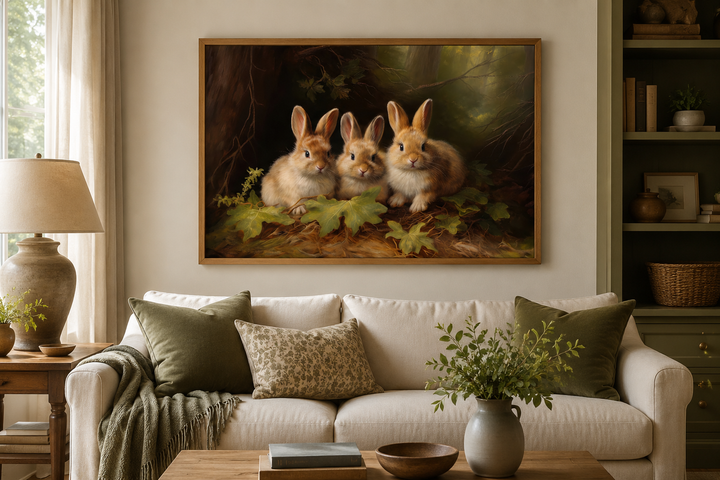 Three cute bunnies in a forest framed canvas wall art hanging above a white sofa in a living room.