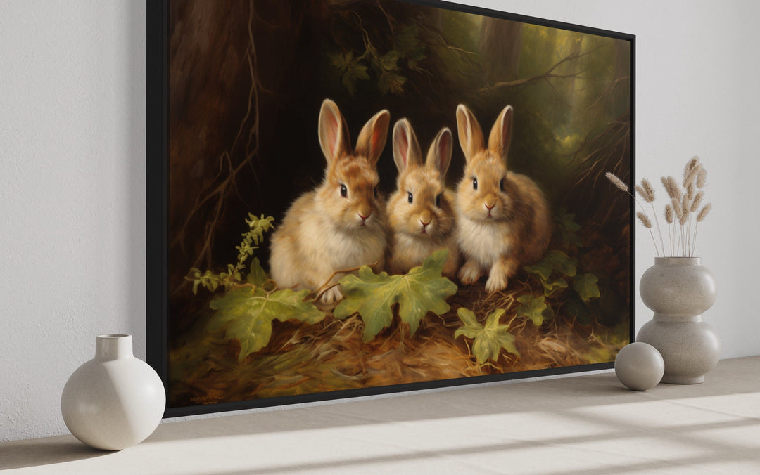 Three Cute Bunnies in The Forest Framed Canvas Wall Art