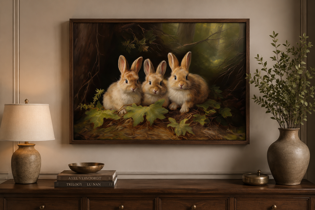 Framed canvas wall art of three cute bunnies in a forest, displayed above a wooden console table.