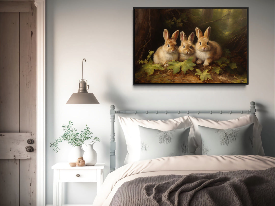 Three Cute Bunnies in The Forest Framed Canvas Wall Art