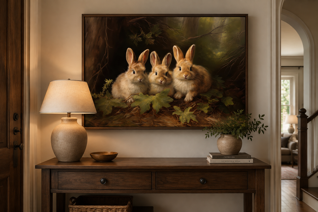 Three cute bunnies in the forest framed canvas wall art displayed above a wooden console table.