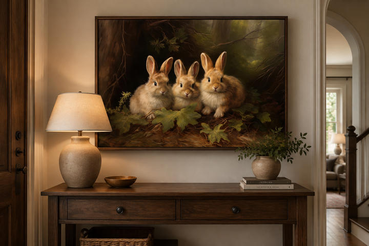 Three cute bunnies in the forest framed canvas wall art displayed above a wooden console table.