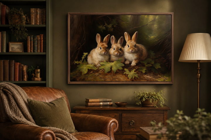 Three cute bunnies in the forest framed canvas wall art hanging in a cozy, rustic living room.