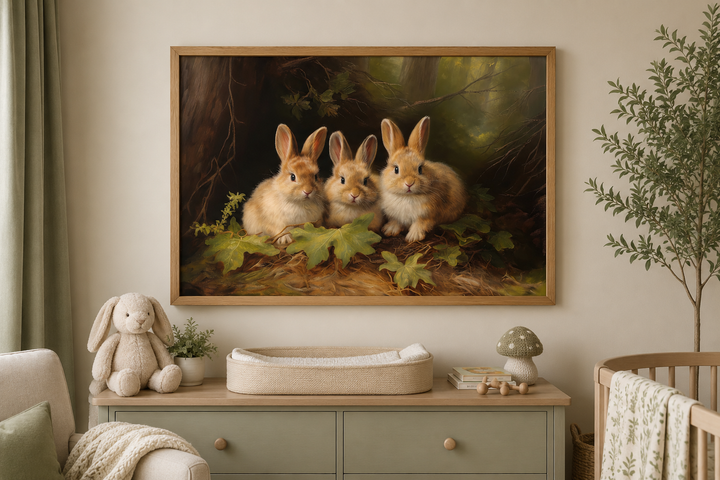 Three cute bunnies in the forest framed canvas wall art hanging above a nursery dresser.