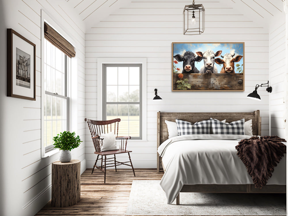 Three Cute Cows Looking Through Wooden Fence Farmhouse Wall Art