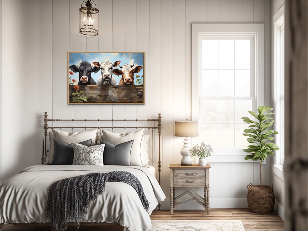 Three Cute Cows Looking Through Wooden Fence Farmhouse Wall Art