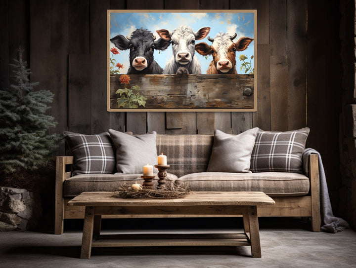 Three Cute Cows Looking Through Wooden Fence Farmhouse Wall Art