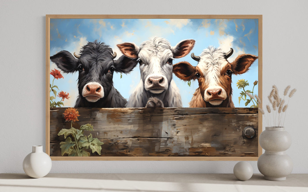 Three Cute Cows Looking Through Wooden Fence Farmhouse Wall Art