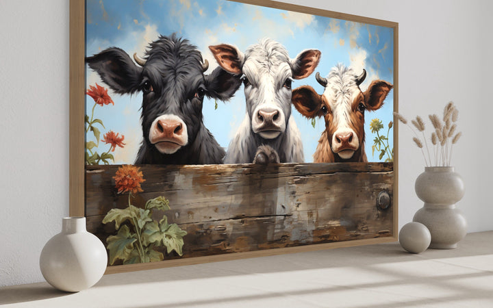 Three Cute Cows Looking Through Wooden Fence Farmhouse Wall Art