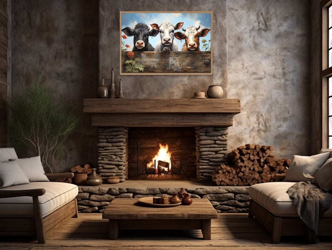 Three Cute Cows Looking Through Wooden Fence Farmhouse Wall Art