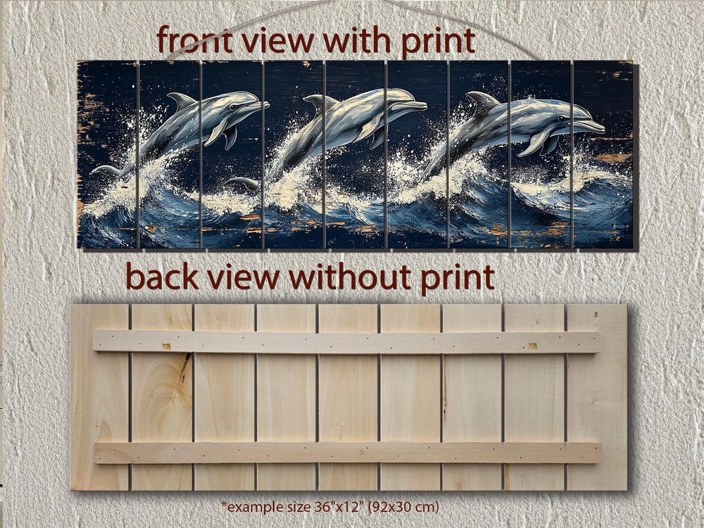 Three dolphins jumping in waves on a long, narrow distressed wood wall art panel.