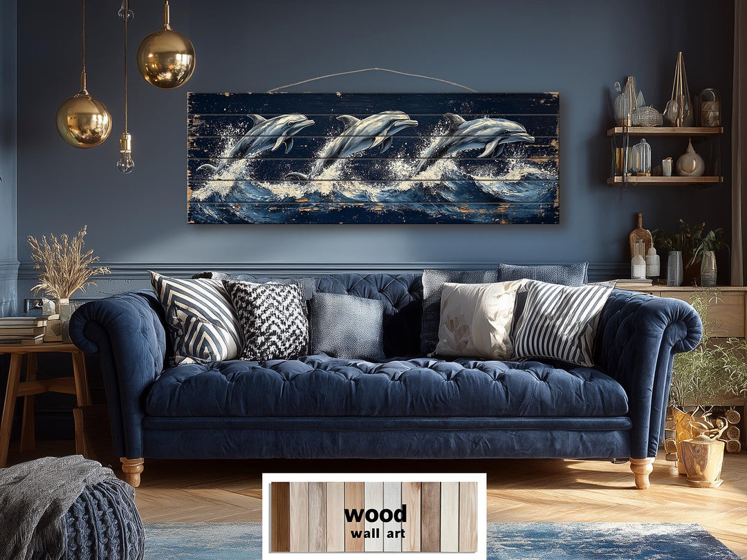 Three dolphins jumping in waves on a long, narrow distressed wood wall art piece above a blue sofa.