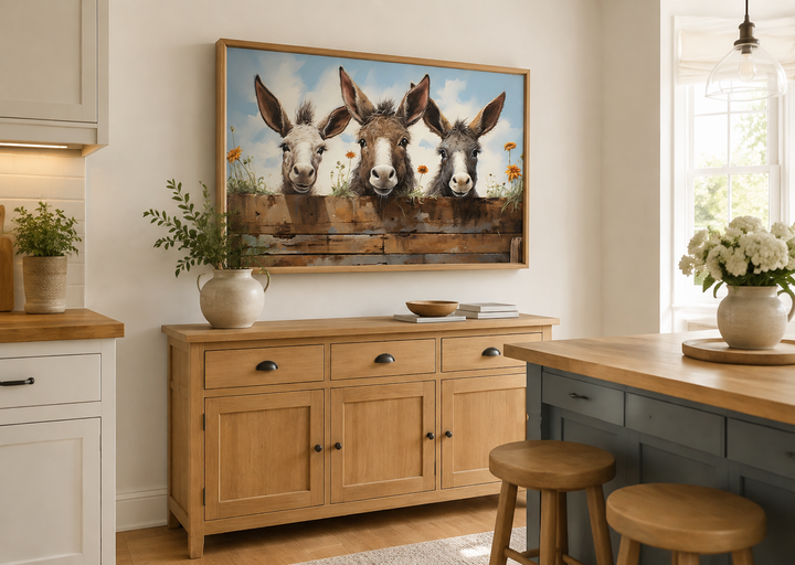 Three funny donkeys looking through a wooden fence farmhouse wall art in a rustic kitchen setting.
