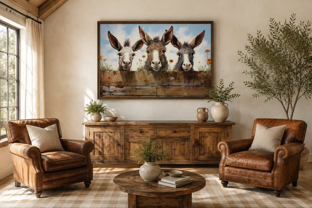 Framed farmhouse wall art of three funny donkeys peeking over a rustic wooden fence.