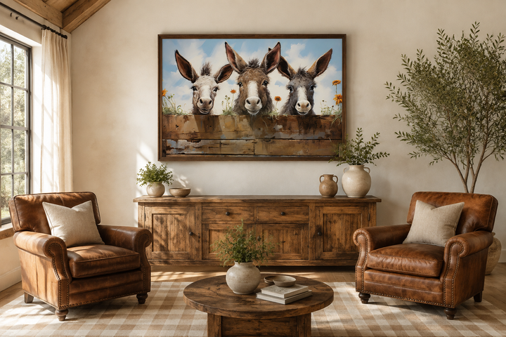 Framed farmhouse wall art of three funny donkeys peeking over a rustic wooden fence.