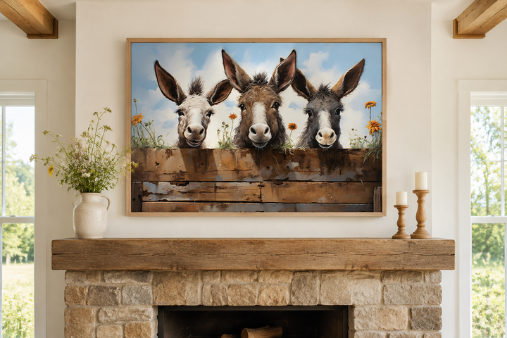 Three funny donkeys peeking over a wooden fence in a framed farmhouse wall art above a fireplace.