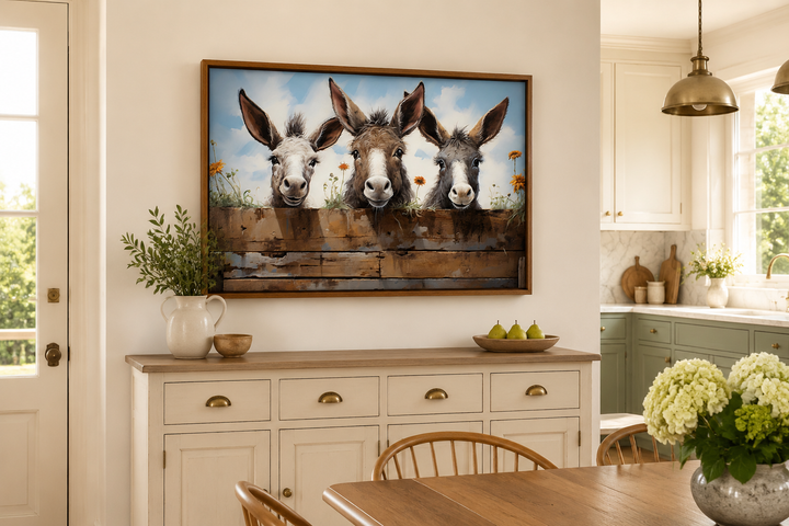 Three funny donkeys peeking over a wooden fence in a framed farmhouse canvas wall art.