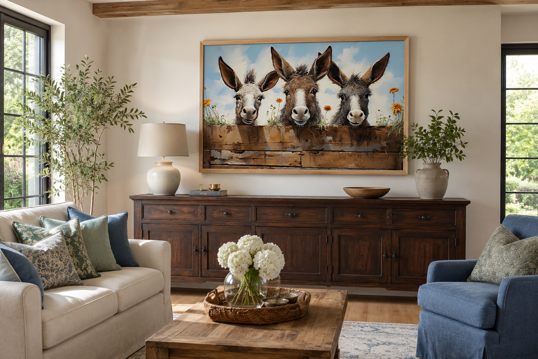 Three funny donkeys looking over a wooden fence in a framed farmhouse wall art canvas.