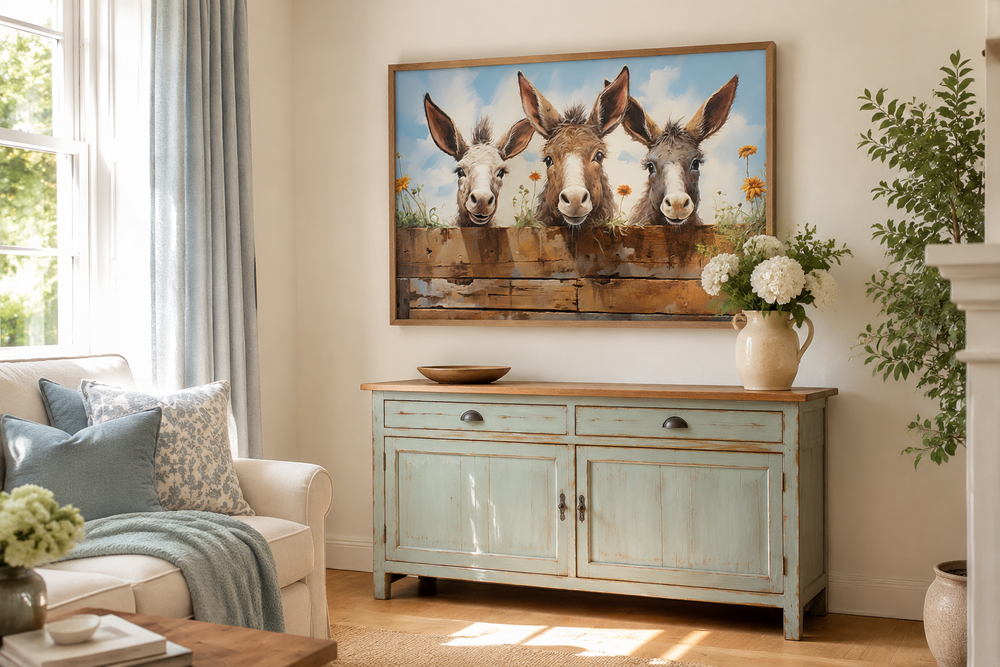 Three funny donkeys looking through a wooden fence farmhouse wall art in a rustic living room.