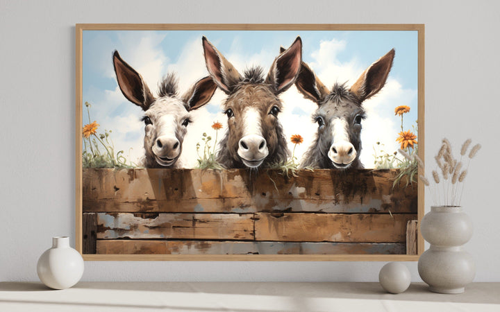 Framed wall art of three funny donkeys peeking over a rustic wooden fence in a farmhouse style.