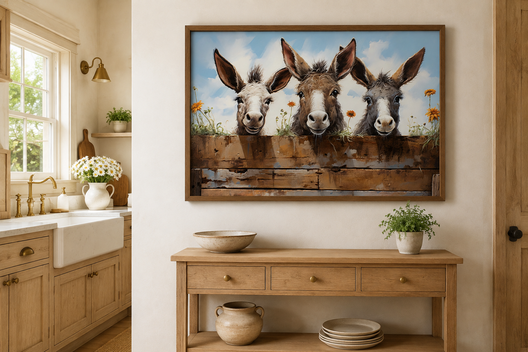 Framed farmhouse wall art of three funny donkeys peeking over a rustic wooden fence.