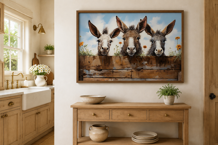 Framed farmhouse wall art of three funny donkeys peeking over a rustic wooden fence.