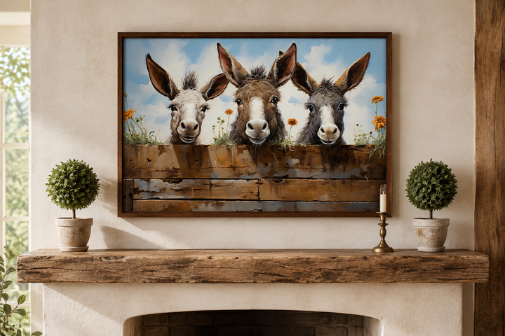 Three funny donkeys looking through a wooden fence farmhouse wall art framed above a fireplace.