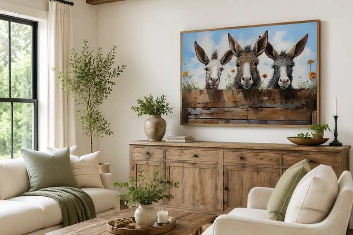 Three funny donkeys looking through a wooden fence farmhouse wall art in a rustic living room.