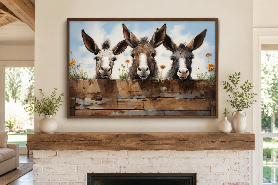 Three funny donkeys looking over a wooden fence farmhouse wall art above a white brick fireplace.