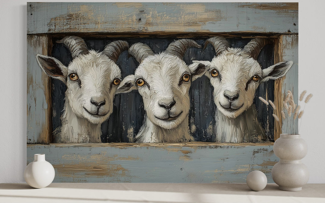 Three white goats with horns peeking through a rustic faux wooden window frame canvas wall art.