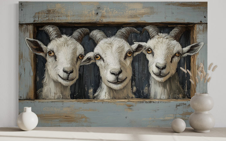 Three white goats with horns peeking through a rustic faux wooden window frame canvas wall art.