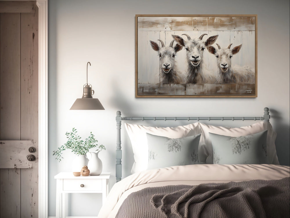 Three Funny Goats Looking Through Fake Wooden Window Canvas Wall Art above bed