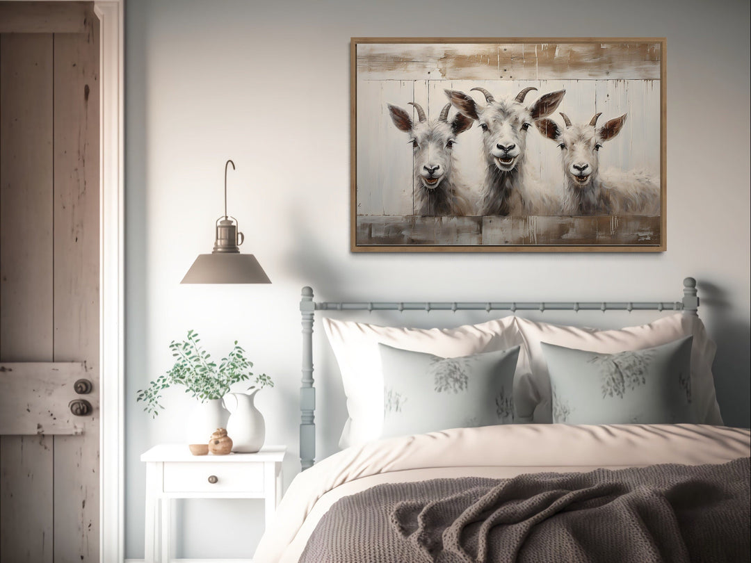 Farmhouse Wall Decor - Three Funny Goats Looking Through Fake Wooden Window Canvas Wall Art