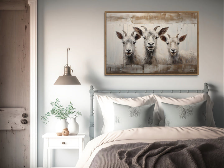 Three Funny Goats Looking Through Fake Wooden Window Canvas Wall Art