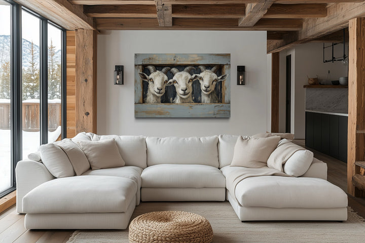 Three funny goats looking through a fake wooden window canvas wall art in a rustic living room.