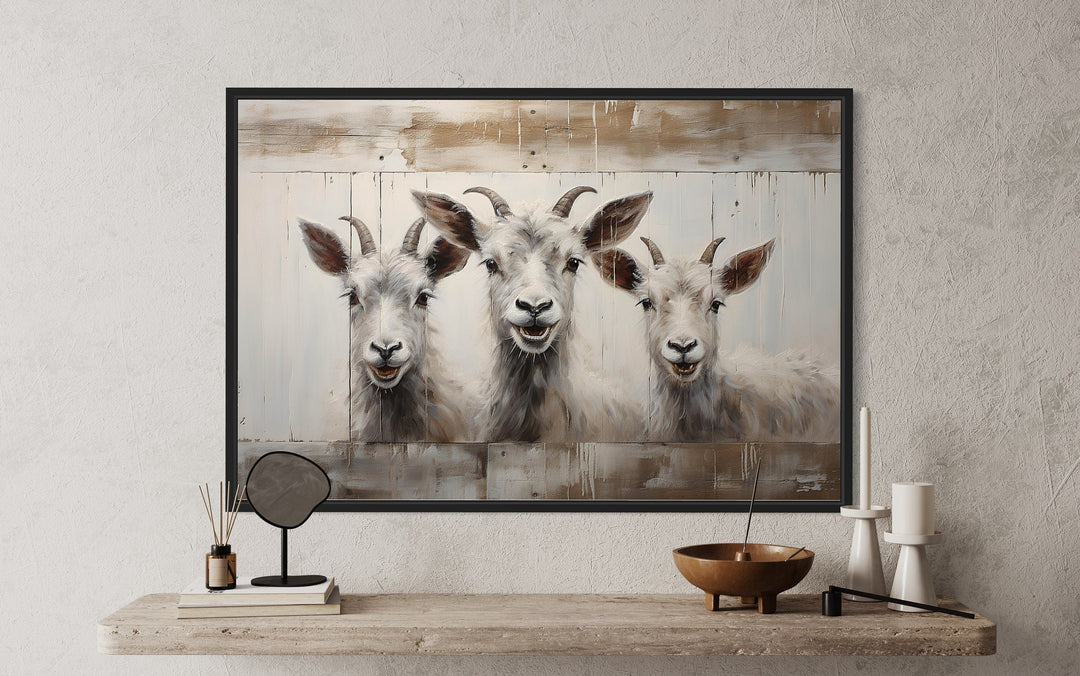 Three Funny Goats Looking Through Fake Wooden Window Canvas Wall Art