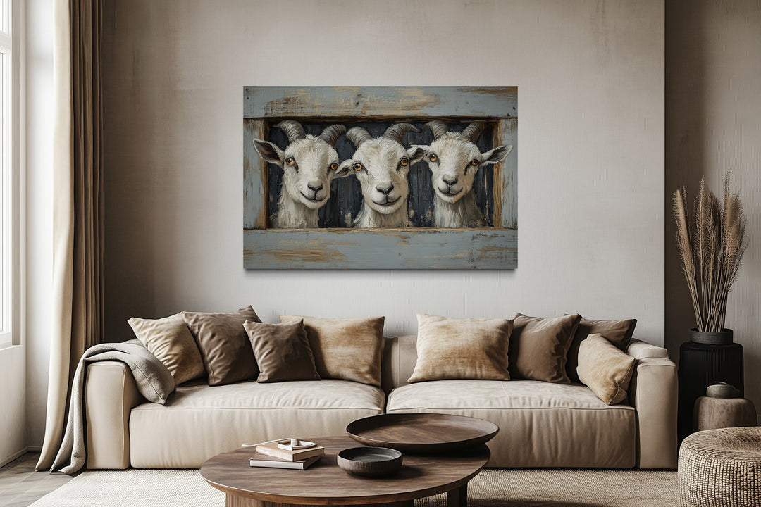 Three funny goats looking through a fake wooden window canvas wall art above a beige sofa.