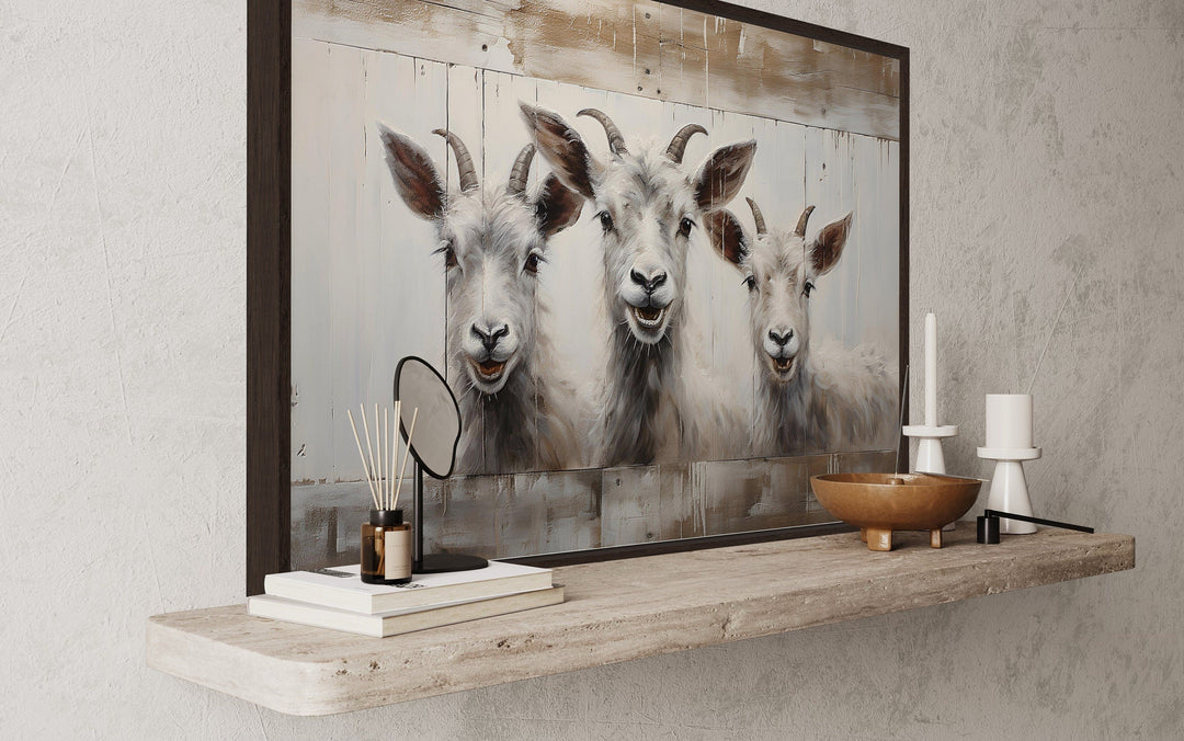 Three Funny Goats Looking Through Fake Wooden Window Canvas Wall Art