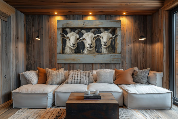 Three funny goats looking through a fake wooden window canvas wall art in a rustic living room.