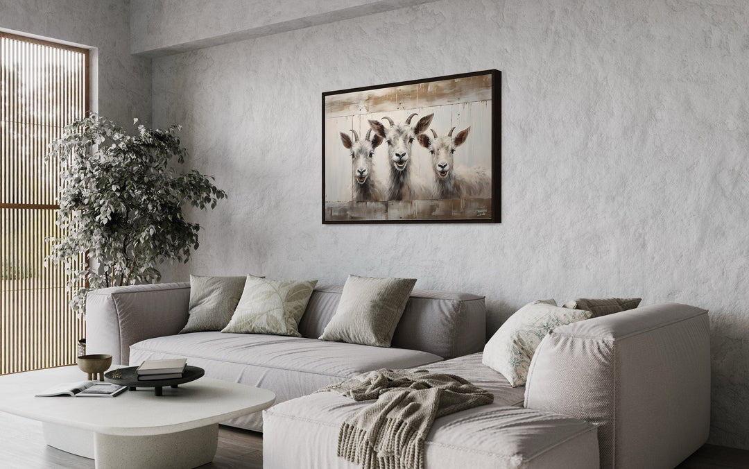 Three Funny Goats Looking Through Fake Wooden Window Canvas Wall Art