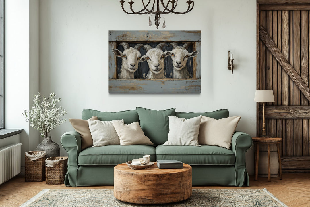 Three funny goats looking through a fake wooden window canvas wall art above a green sofa.