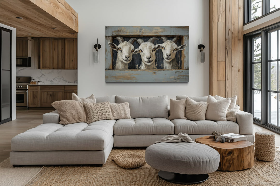 Three funny goats looking through a faux wooden window canvas wall art in a rustic living room.