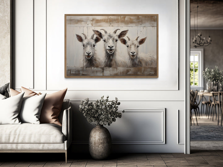 Farmhouse Wall Decor - Three Funny Goats Looking Through Fake Wooden Window Canvas Wall Art