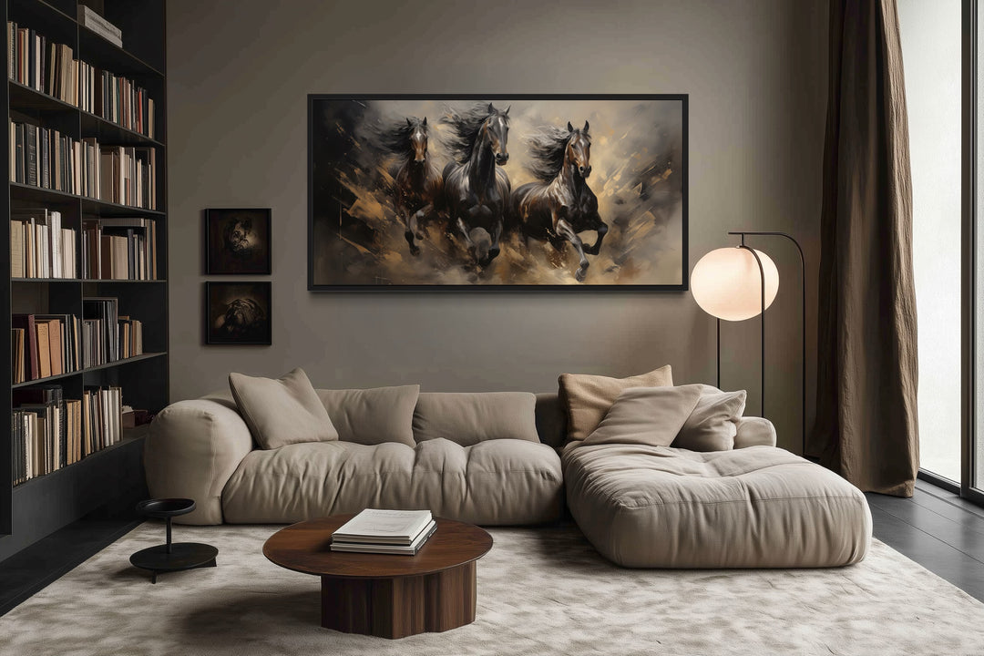Extra large canvas wall art of three brown horses running in a dramatic, textured scene.